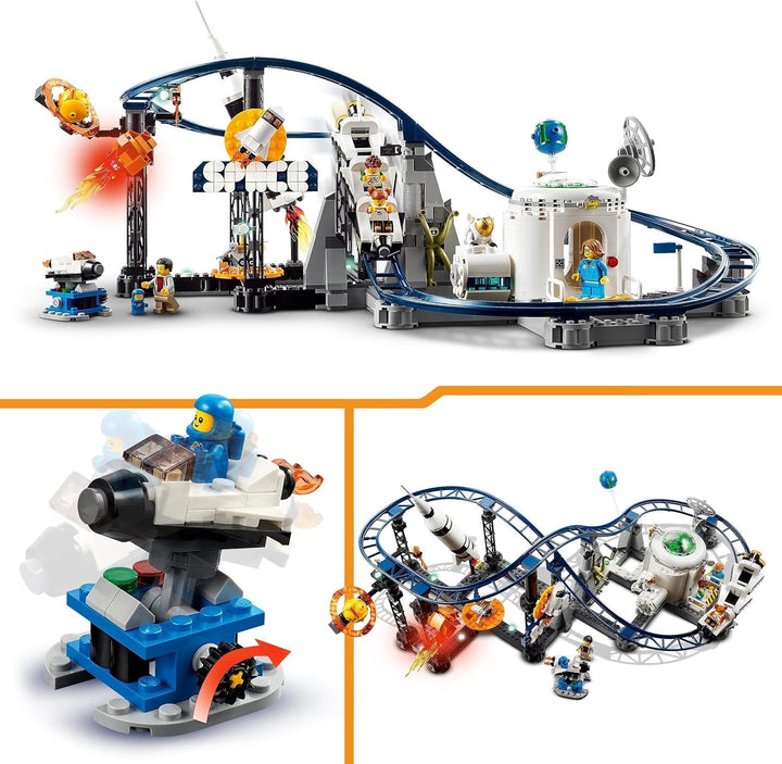 LEGO 31142 Creator 3-In-1 Rollercoaster spațial, kit de jucărie pentru bâlci cu cărucioare funcționale, convertibil în turn de cădere liberă sau carusel cu rachete și cărămizi strălucitoare