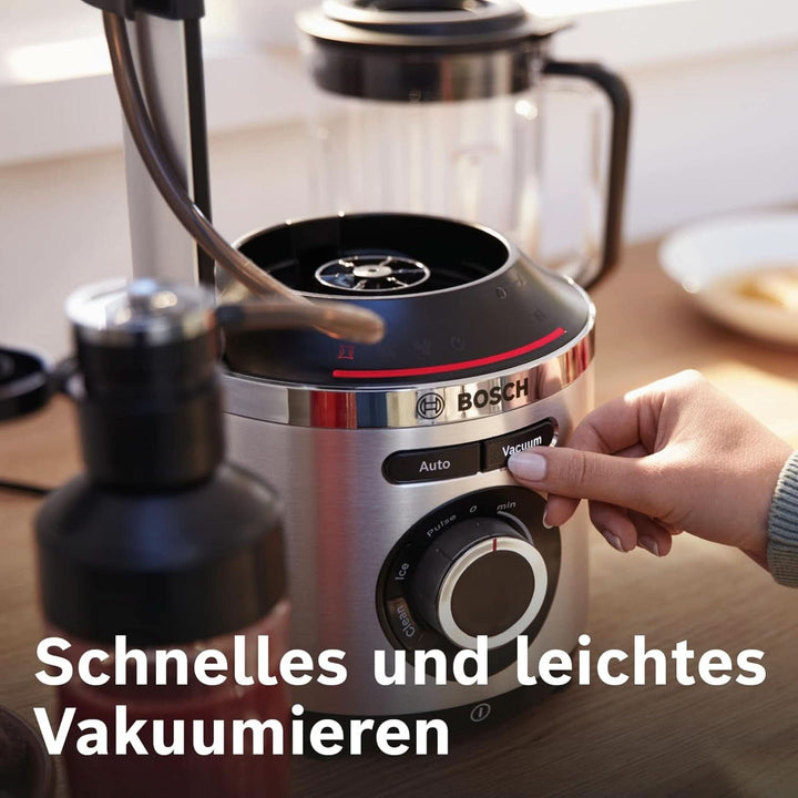 Bosch Vakuum-Standmixer Vitapower Serie 8 MMBV621M, Starke Mixleistung, Vitaminschonende Zubereitung, 4 Automatikprogramme, Vakuum-Togo Flasche, 37,000 U/Min, 1000 W, Silber