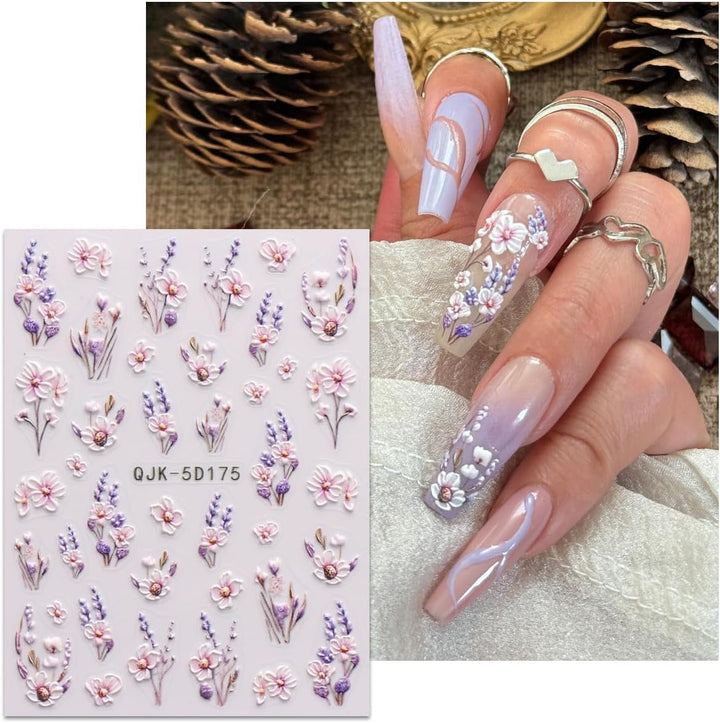 JMEOWIO 3D Nagelsticker Blumen Nail Art Sticker Selbstklebend Nagelaufkleber 5D Stereoskopisch Frühling Sommer Dekoration Nageldesign Zubehör 4 Blatt