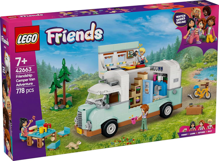 LEGO Friends Caravan, Set de construcție pentru jocuri de rol cu o rulotă de jucărie, Cadou pentru fete cu vârsta de peste 7 ani, Set de joacă creativ cu 3 minifigurine și figurină de animal dihor 42663