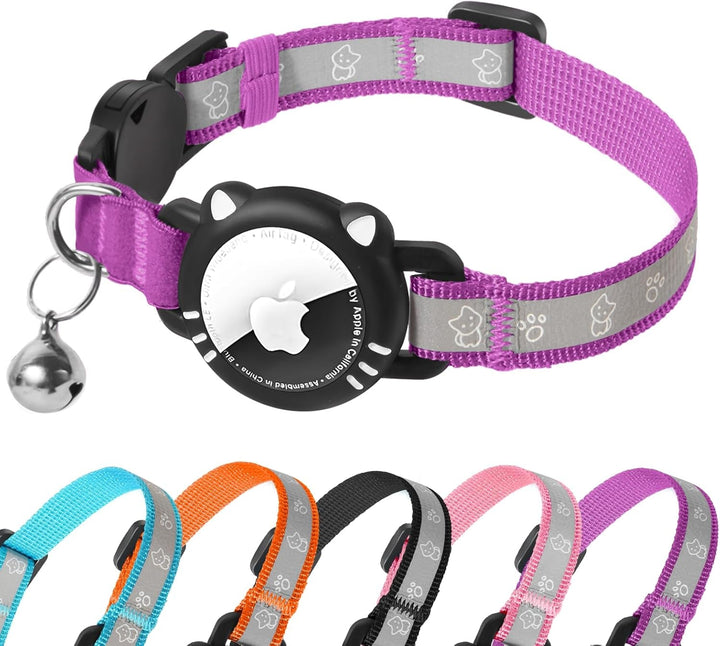 Zgardă pentru pisici Agoumlux Airtag, reflectorizantă, cu închidere de siguranță, cu clopoțel, cu carcasă Airtag reglabilă pentru pisici, negru, S (23-33 cm)