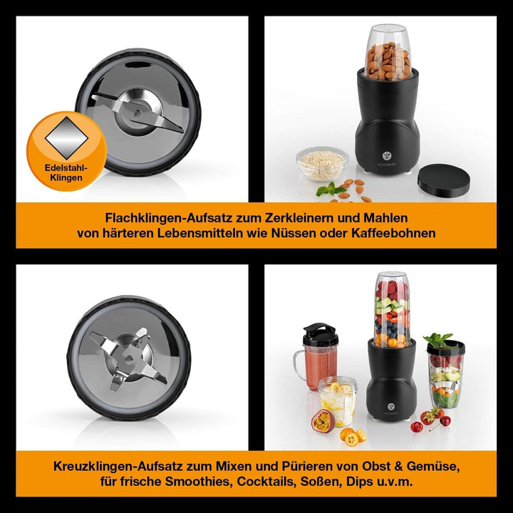 Smoothie Maker 12-Tlg | To-Go Deckel & 4 Mixbehälter | Für Obst, Gemüse & Nüsse | Mit Ice-Crush Funktion | Mini-Standmixer Zum Mixen, Rühren, Zerkleinern, Mahlen, Hacken & Pürieren | Bpa-Frei