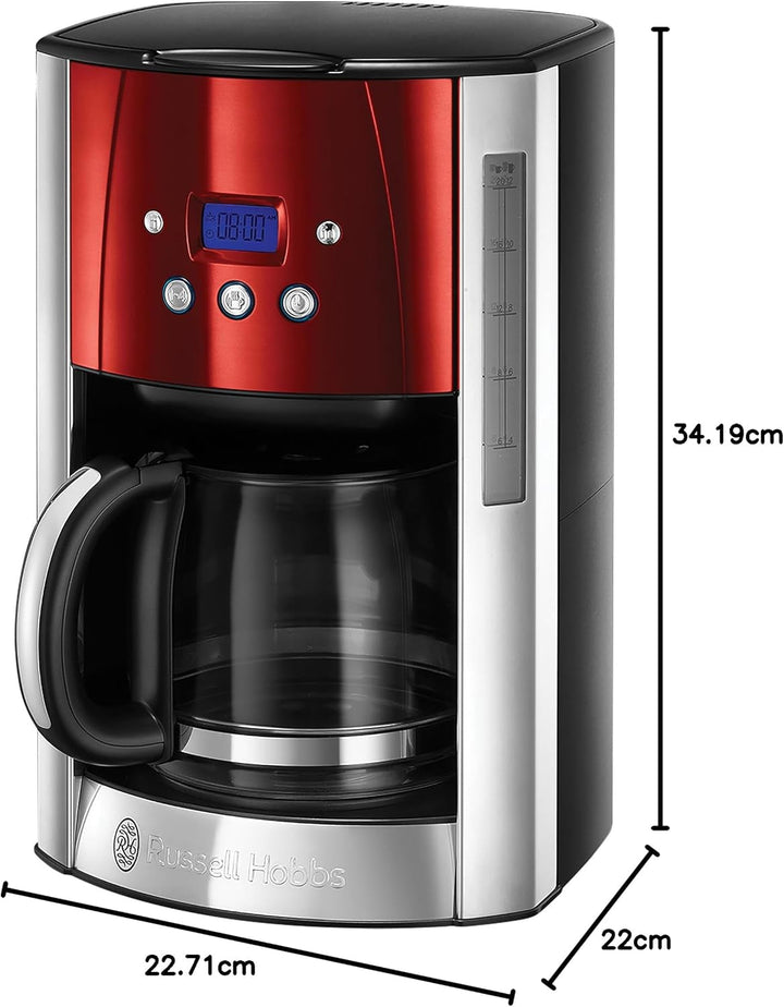 Cafetiera Russell Hobbs [cronometru digital, cap efervescent pentru extracție și aromă optime] Luna Red (Max 12 cești, ulcior din sticlă de 1,5L, placă de menținere la cald, 1000W) Filtru de cafea 23240-56