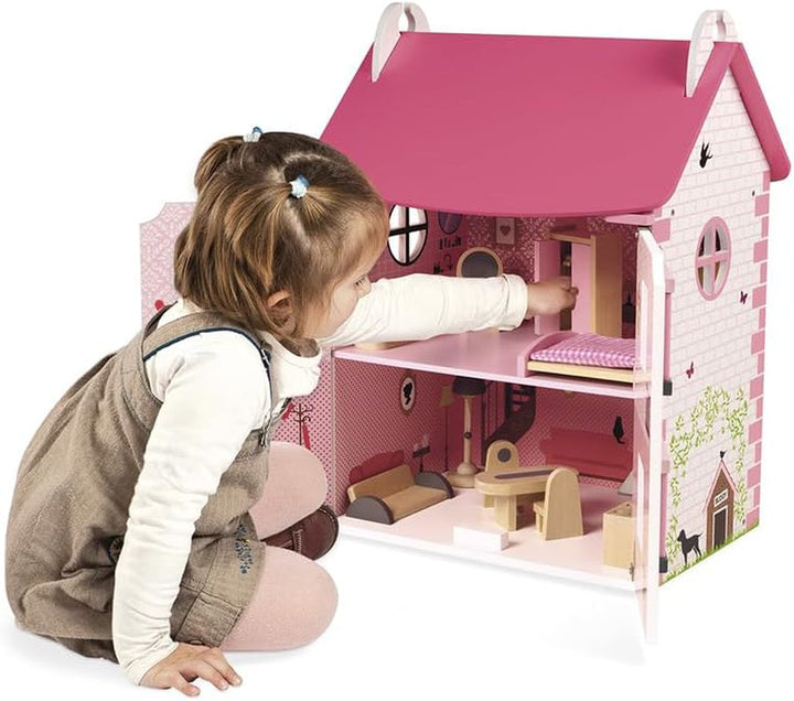 Janod - Casa de păpuși din lemn Mademoiselle, 3 etaje și cu 11 accesorii, replică de jucărie, dezvoltă imaginația, de la 3 ani, J06581, roz