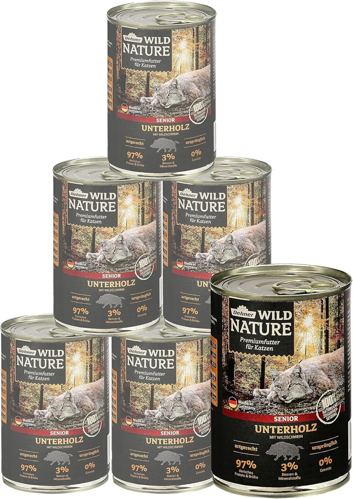 Dehner Wild Nature Cat Food Undergrowth, Hrană umedă fără cereale / fără zahăr, Pentru pisici mai în vârstă, Mistreț, cutie 6 X 200 G (1,2 kg)