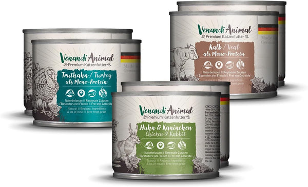 Venandi Animal Premium Hrană umedă pentru pisici, Tasting Pack II, pui + iepure, vițel, curcan, 6 X 200 G, fără cereale și naturală, 1.2 Kg