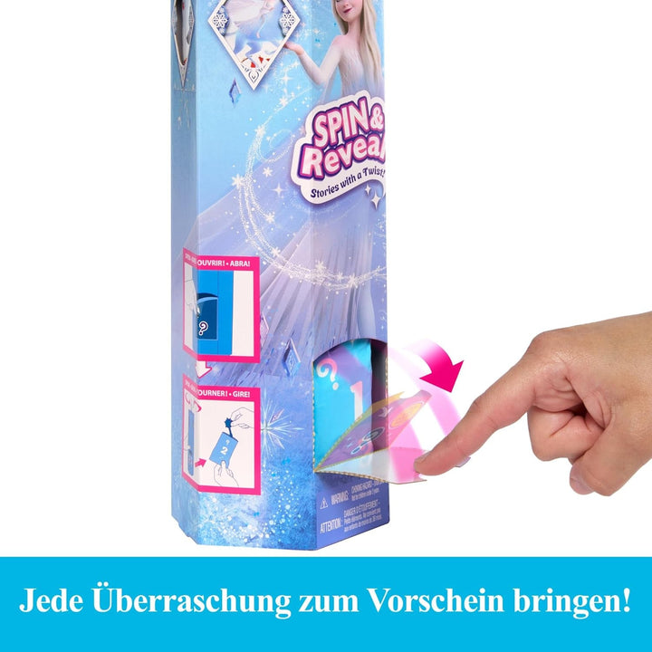 Mattel Disney The Ice Queen Elsa Fashion Doll Set, Spin & Reveal cu 11 surprize, inclusiv 5 accesorii, 5 autocolante și o scenă pentru joacă, inspirat de filmul Disney, HTG25