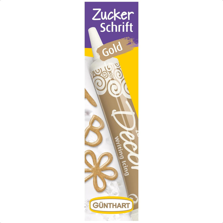 Günthart Backdecor 25 g Zahăr cu litere AUR Pentru toate deserturile în culoare aurie Fabricat din zahăr pentru litere și modele frumoase, 1 pachet (25 g)