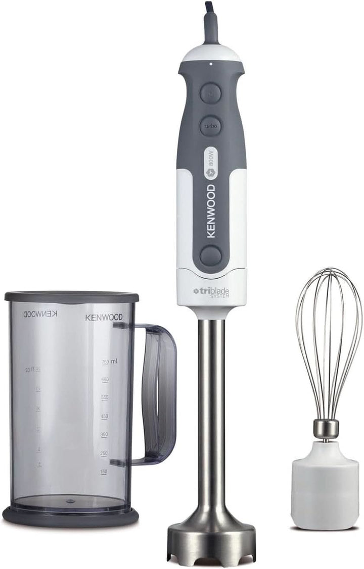 Kenwood Stabmixer HBM40.302WH, Triblade System Mit 3 Klingen, 1 Geschwindigkeit + Turbo, Metallstab 20 Cm, Inklusive Schneebesen, Messbecher, Zerkleinerer 0,5 L, 850 W, Weiß