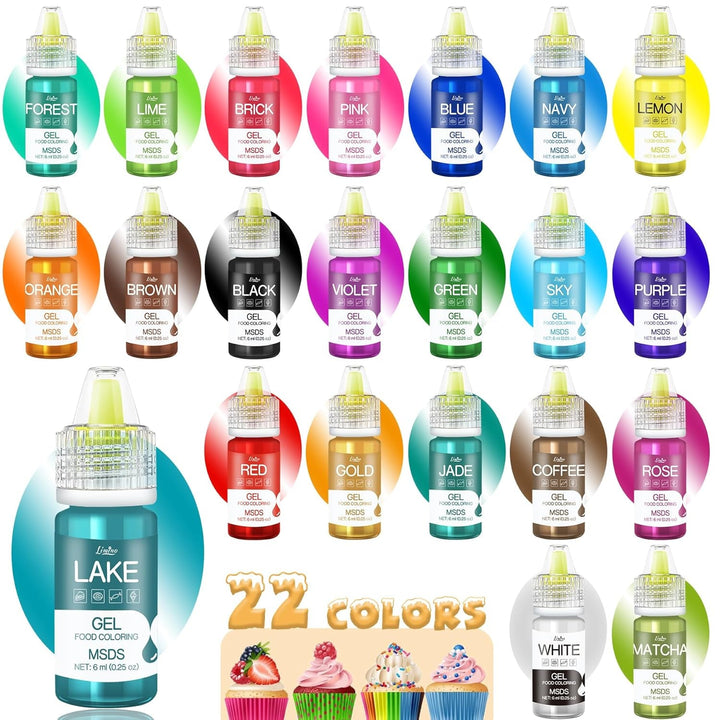 Colorant alimentar în gel - 22 de culori, coloranți alimentari în gel pentru prăjituri, copt, fursecuri, macaroane - Colorant alimentar concentrat fără zahăr pentru decorarea torturilor, băuturi, ouă de Paște, slime DIY - 6 ml fiecare