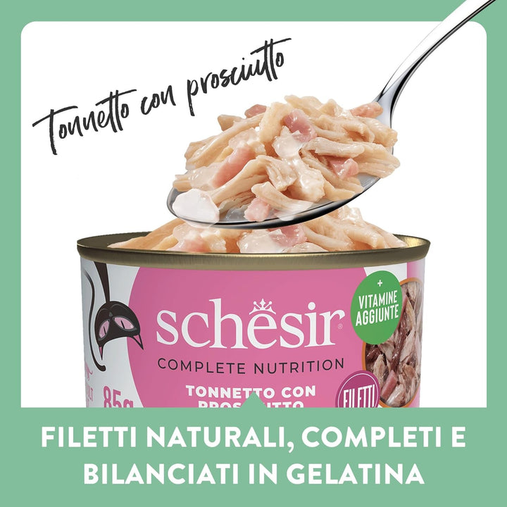 , Ton cu jeleu de șuncă, Hrană umedă completă pentru pisici, Cu adaos de vitamine, 100% naturală, 6 cutii a 85 G