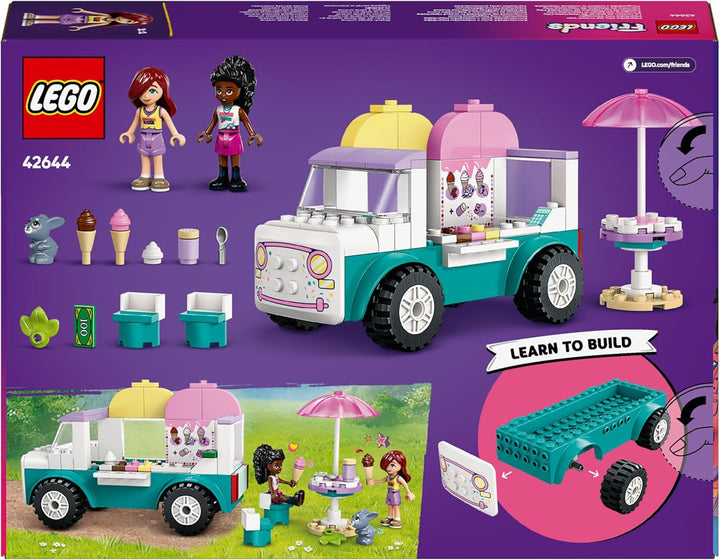 Camion de înghețată LEGO Friends Heartlake City, set de joacă pentru jocuri de rol, set de construcție cu 2 figurine și un iepuraș, jucărie pentru fete de la 4 ani, jucărie de construcție cu minifigurine ale personajelor 42644