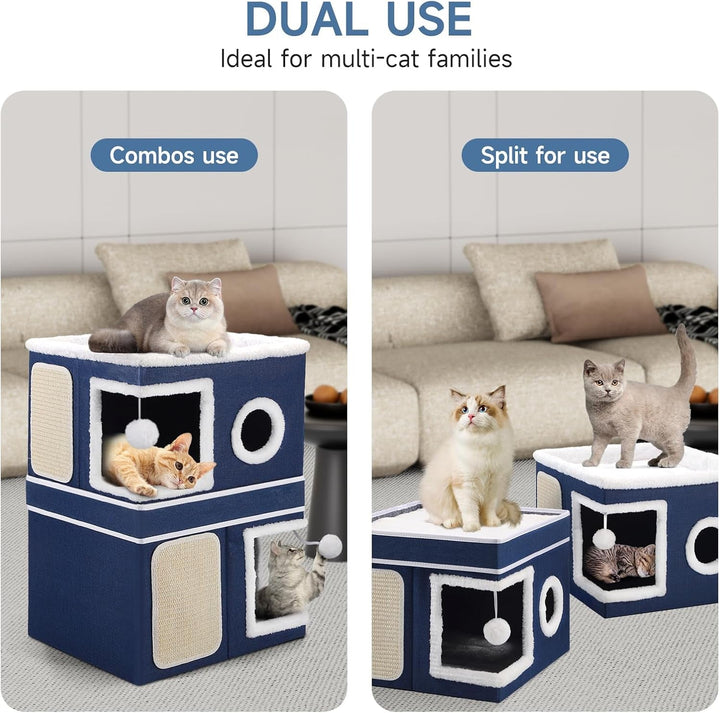 Căsuță pentru pisici Shikha cu 3 straturi, peșteră pliabilă pentru pisici mari, 40L*40l*63H cm, cub pentru pisici de interior, divizibilă în 2 peșteri mari pentru pisici cu ascunzătoare pentru pisici, pat pentru pisici cu zgârietură și minge de joacă
