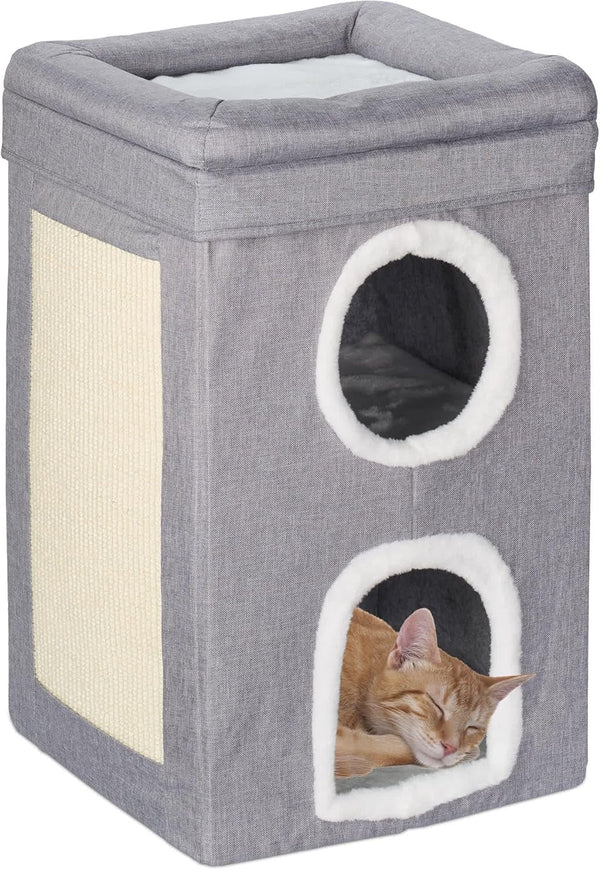 Relaxdays Peșteră pentru Pisici, 2 Peșteri și 1 Nivel Deschis, Pat pentru Pisici, Pătrat, cu Zonă de Zgâriat, ÎxLxA: 63 x 40 x 40 cm, Gri/Alb