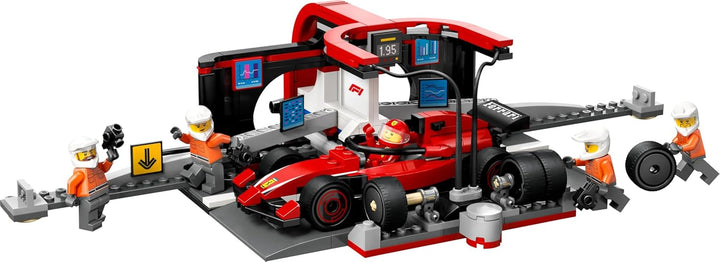 LEGO City F1 Pit Stop cu echipa și Ferrari Speedster - Set Formula 1 Pit Stop cu 1 pilot de curse și 4 minifigurine mecanice - Jucărie pentru mașini de curse pentru băieți și fete peste 6 ani - 60443