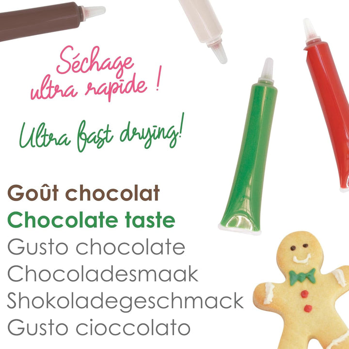 Scrapcooking - Set de 4 creioane colorate de ciocolată de Crăciun - Maro, Alb, Verde și Roșu - Colorant comestibil - Colorant alimentar pentru scris - Scrie și desenează pe deserturi, prăjituri și fursecuri - 7060