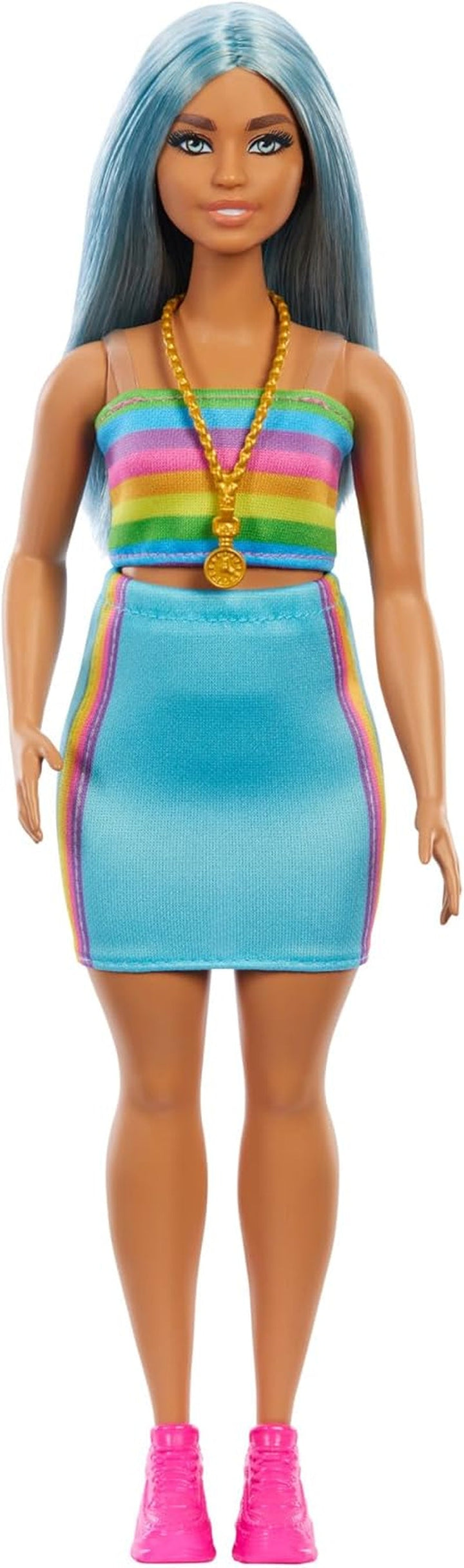 Păpușa Barbie Fashionistas nr. 218 cu păr lung albastru, top curcubeu și fustă turcoaz, păpușă de modă de colecționat cu ocazia celei de-a 65-a aniversări, HRH16