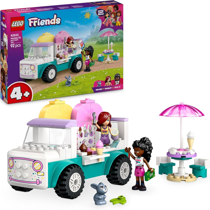 Camion de înghețată LEGO Friends Heartlake City, set de joacă pentru jocuri de rol, set de construcție cu 2 figurine și un iepuraș, jucărie pentru fete de la 4 ani, jucărie de construcție cu minifigurine ale personajelor 42644