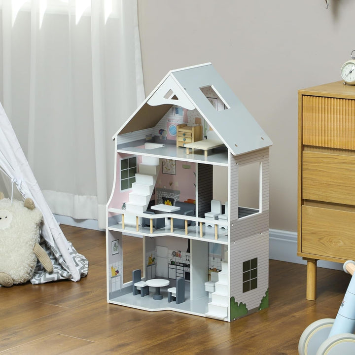 AIYAPLAY Casă de păpuși din lemn, casă de joacă cu 3 etaje cu 13 piese de mobilier, accesorii, 85,3 cm înălțime Casă de păpuși pentru copii de 3-6 ani, gri