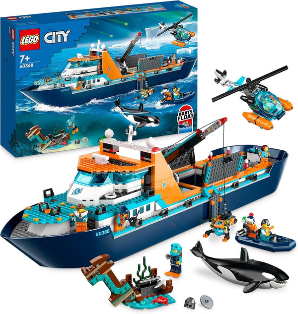 LEGO City Arctic Research Ship, barcă mare de jucărie plutitoare cu elicopter, barcă pneumatică, submarin Rov, epavă vikingă, 7 minifigurine și figură Orca, cadou pentru copii cu vârsta de 7+ 60368