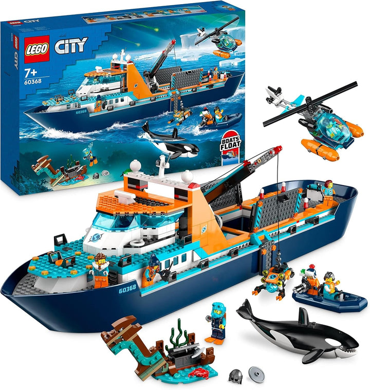 LEGO City Arctic Research Ship, barcă mare de jucărie plutitoare cu elicopter, barcă pneumatică, submarin Rov, epavă vikingă, 7 minifigurine și figură Orca, cadou pentru copii cu vârsta de 7+ 60368