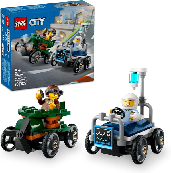 LEGO City Airplane Vs. Hospital Bed Race Car Set - Jucărie Soapbox pentru băieți și fete de la 5 ani - Set de construcție cu 2 minifigurine - Cadou aniversar și de vacanță 60459