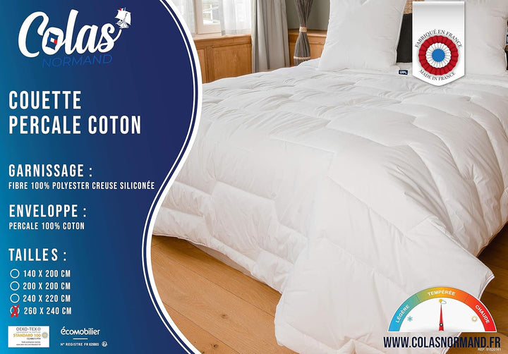 COLAS NORMAND Plapumă din bumbac Percale, 260 X 240 cm, de înaltă calitate, 100% bumbac Percale, moale și confortabil, durabil, finisaj fin, fabricat în Franța, alb