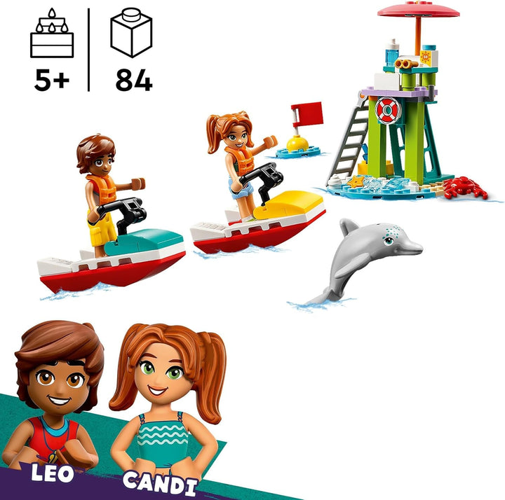 Turn de observare a salvamarilor LEGO Friends cu jet ski-uri, jucărie pentru copii, idee de cadou pentru fete și băieți de la 5 ani cu 2 figurine și delfin, jucărie jet ski 42623