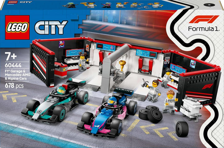 Garaj LEGO City F1 cu mașini de curse Mercedes-Amg și Alpine - Mașină de curse Formula 1 cu 2 piloți și 4 minifigurine mecanice - Cadou pentru băieți și fete 7+ și fani 60444