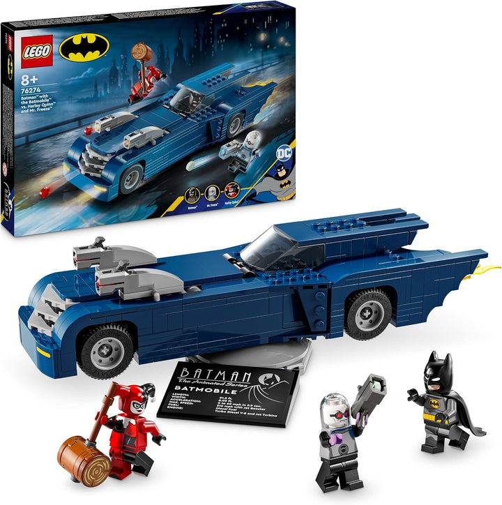 LEGO DC Batman: Batman în Batmobil vs. Harley Quinn și Mr Freeze, mașină de jucărie din seria animată pentru copii, cadou pentru băieți și fete de la 8 ani 76274