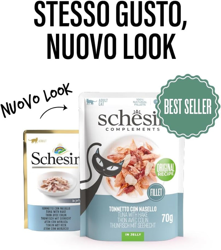, File de ton cu merluciu în jeleu, Hrană umedă complementară pentru pisici, Rețetă originală, 100% naturală, 12 pungi a câte 70 g
