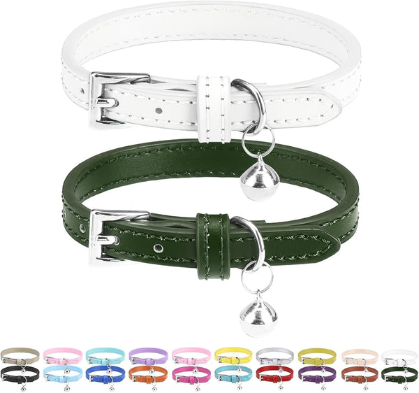 PUPTECK Zgardă pentru pisici din piele moale cu clopoțel pentru pisoi, 2 buc., portocaliu, violet, negru, kaki, albastru, roz-roșu, 22,1-26 cm (alb și verde închis, 22,1-26 cm)