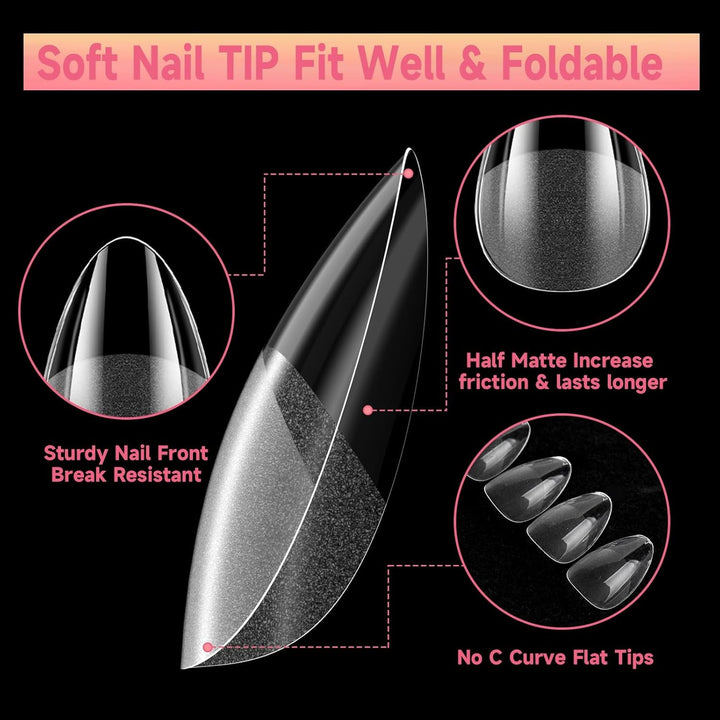 Tipuri de unghii pentru unghii cu gel, set 120 bucăți unghii artificiale scurte, culoare migdale, 11 dimensiuni unghii cu gel, tipuri de unghii cu lipici, bloc de buffer pentru unghii