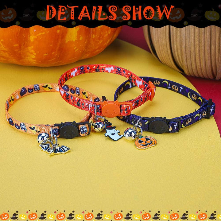 Zgardă pentru pisici de Halloween, set de 3, moale, reglabilă, cu clopoțel și pandantiv, pentru pisici și pisoi, imprimare prin transfer termic