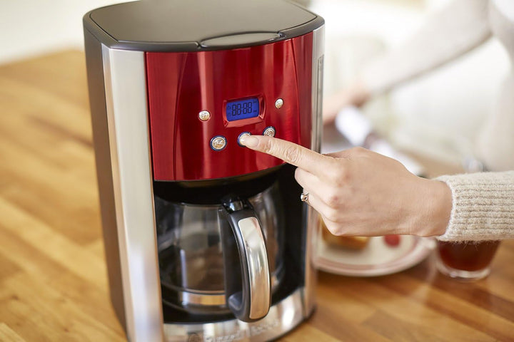 Cafetiera Russell Hobbs [cronometru digital, cap efervescent pentru extracție și aromă optime] Luna Red (Max 12 cești, ulcior din sticlă de 1,5L, placă de menținere la cald, 1000W) Filtru de cafea 23240-56