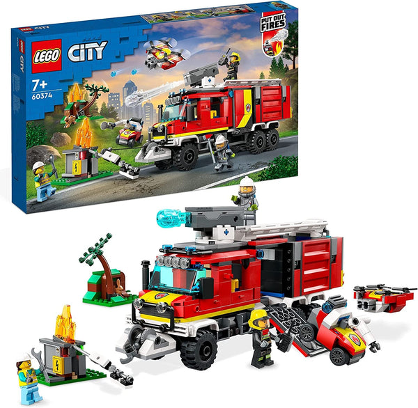 LEGO 60374 City Fire Brigade Command Vehicle, jucărie modernă cu camion de pompieri, cu drone de stingere a incendiilor, cu figuri pentru copii
