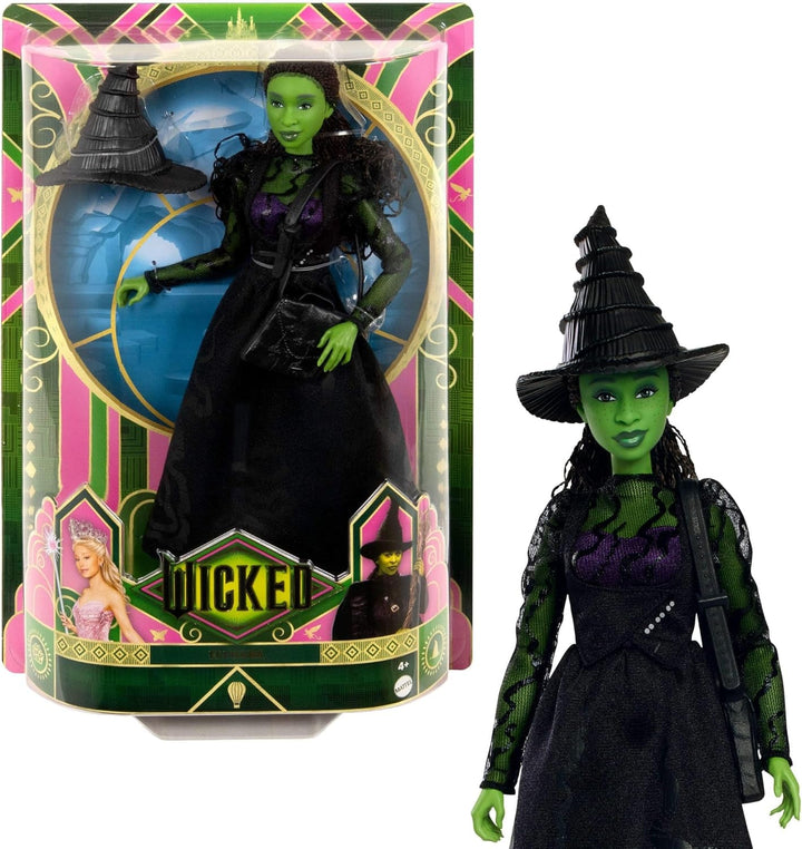 Mattel Wicked Elphaba păpușă de modă și accesorii cu piele verde, păr negru împletit, diferite poziții posibile și aspect de rochie de bal extensibilă, HXT62, [Multicolor]