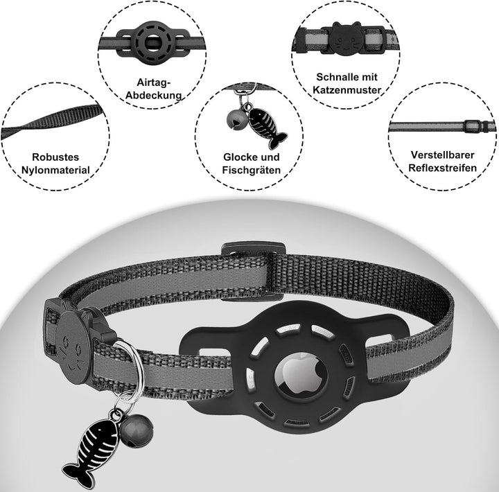 Zgardă pentru pisici Diyife compatibilă cu Airtag, [pachet de 2] zgărzi GPS reflectorizante ușoare pentru pisici, cu carcasă Airtag, cataramă cu eliberare rapidă, clopoțel, reglabilă 20-33 cm pentru pisici, neagră