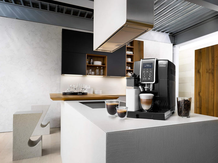 De'Longhi Dinamica ECAM 350.55.B Aparat de cafea complet automat cu sistem de lapte Lattecrema, cappuccino, espresso și cafea la apăsarea unui buton, afișaj digital, funcție 2 cești, rezervor mare de apă de 1,8 litri, negru