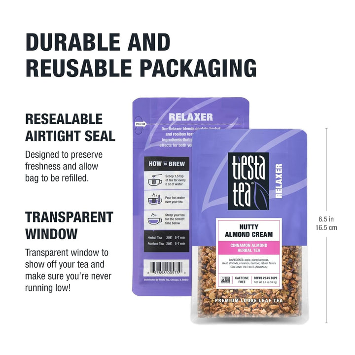- Nutty Almond Cream | Premium Loose Leaf | Cinnamon Almond Herbal Tea Blend | Non-Caffeinated | Make Hot or Iced & Brews up to 25 Cups | 2.1 Ounce Resealable Pouch Tea USA Naty Shop
