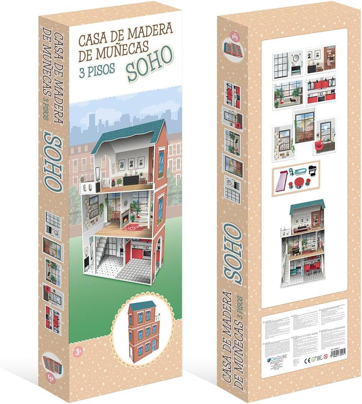 Casă de păpuși cu 3 etaje, design Soho-Madera, cu 8 piese de mobilier, dimensiuni 120 X 33 X 75 cm (913D00181)