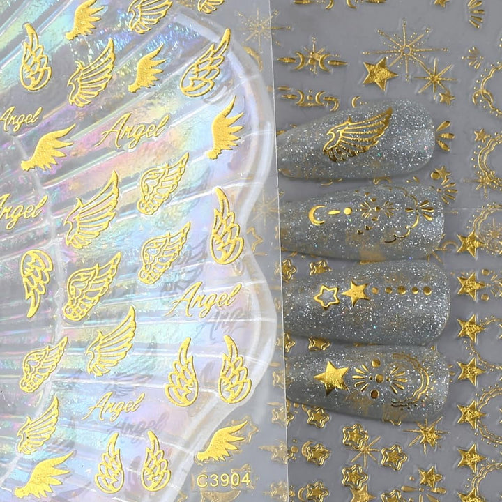 8 coli de autocolante pentru unghii cu stele și lună aurie, aripi de înger, autocolante pentru unghii bronzante, aurii, stele, folie de unghii, autocolante autoadezive pentru unghii, accesorii pentru design unghii, autocolante pentru unghii