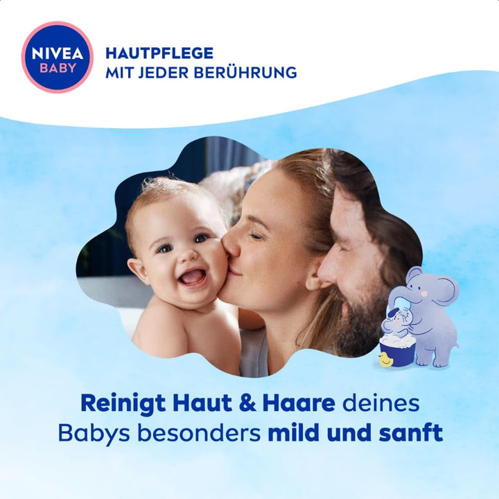 NIVEA BABY head to toe bath & shampoo, șampon blând vegan pentru copii pentru piele și păr cu ulei de migdale, gel de duș relaxant cu formulă hipoalergenică fără parabeni și microplastice (200 ml)