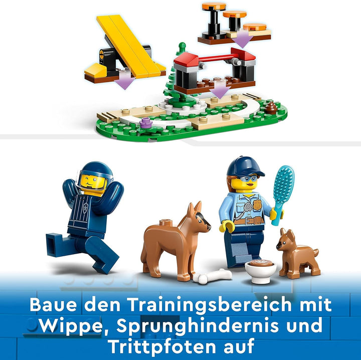 LEGO 60369 City Mobile Police Dog Training, mașină de poliție jucărie cu remorcă, figuri câine și cățel, set de animale pentru copii 5+ ani