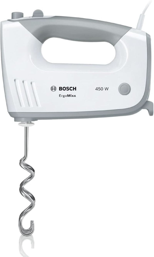 Bosch Hausgeräte Handrührer Ergomixx MFQ36440, 2 Rührbesen, 2 Edelstahl-Knethaken, Pürierstab, Becher, Spülmaschinengeeignet, 5 Stufen plus Turbostufe, 450 W, Weiß