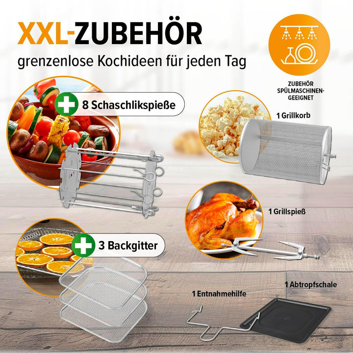 Gourmetmaxx Digitale Heißluftfritteuse XXL - 9L Ofen | Airfryer Mit Timerfunktion, Touchdisplay, Drehspieß, Schaschlikspießen | Fettarm, Energiesparend Frittieren | 8 Programme, 1800 W