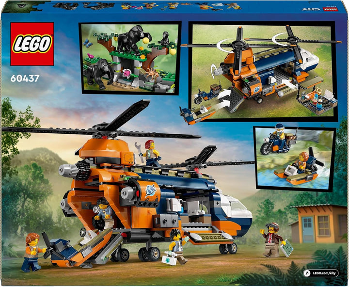 Elicopter LEGO City Jungle Explorer, set de joacă de aventură pentru copii 8+, cadou de Crăciun sau aniversare pentru copii, 5 minifigurine și 3 gorile 60437