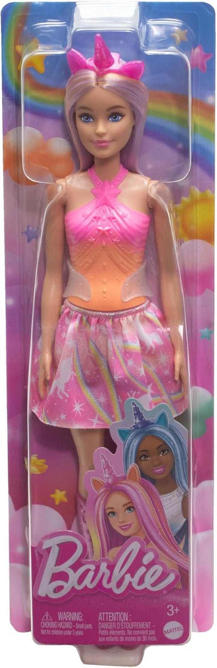 Păpuși Barbie Unicorn cu păr fantezie colorat, ținute cu gradient de culoare și accesorii fantezie în jurul temei unicorn, HRR13