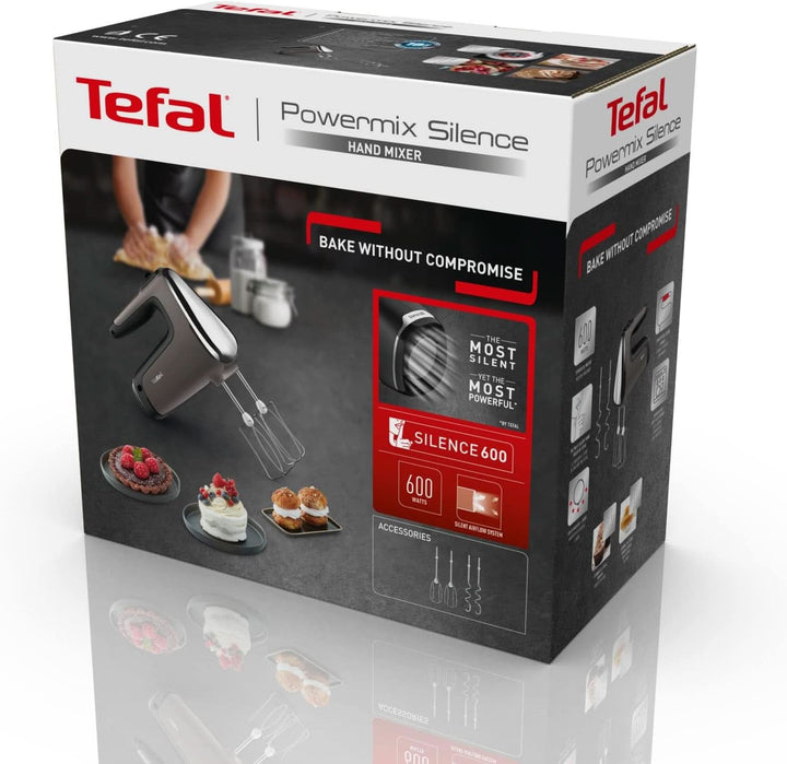 Tefal HT650E Power Mix Silence Handmixer | 600 Watt | Variabler Geschwindigkeitsregler | Turbo- Und Auswurf-Funktion | Extrem Leiser Motor | Inkl. 2 Rührbesen Und 2 Knethaken | Grau