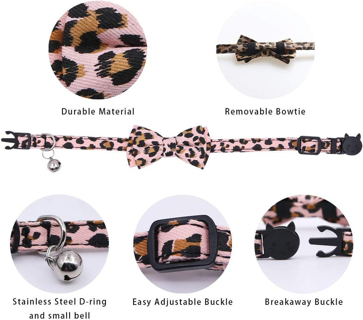 Zgărzi pentru pisici, pachet de 3, imprimeu leopard, reglabile, cu clopoțel, 20-23 cm, pentru pisici de talie mică, modele drăguțe, cataramă în formă de față de pisică